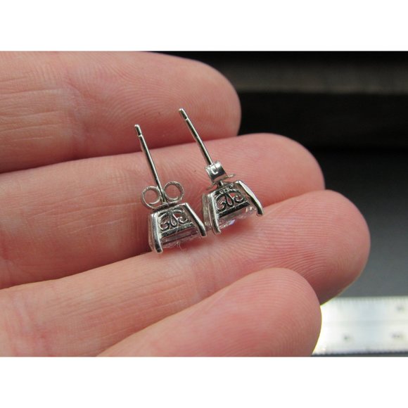 Sterling Silver Clear Cubic Zirconia Fancy Square Stud Earrings Vintage Wedding - Picture 4 of 7